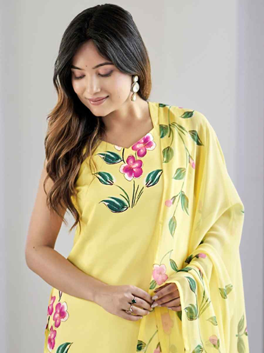 Yellow Viscose Embroidered Festival Casual Ready Pant Salwar Kameez