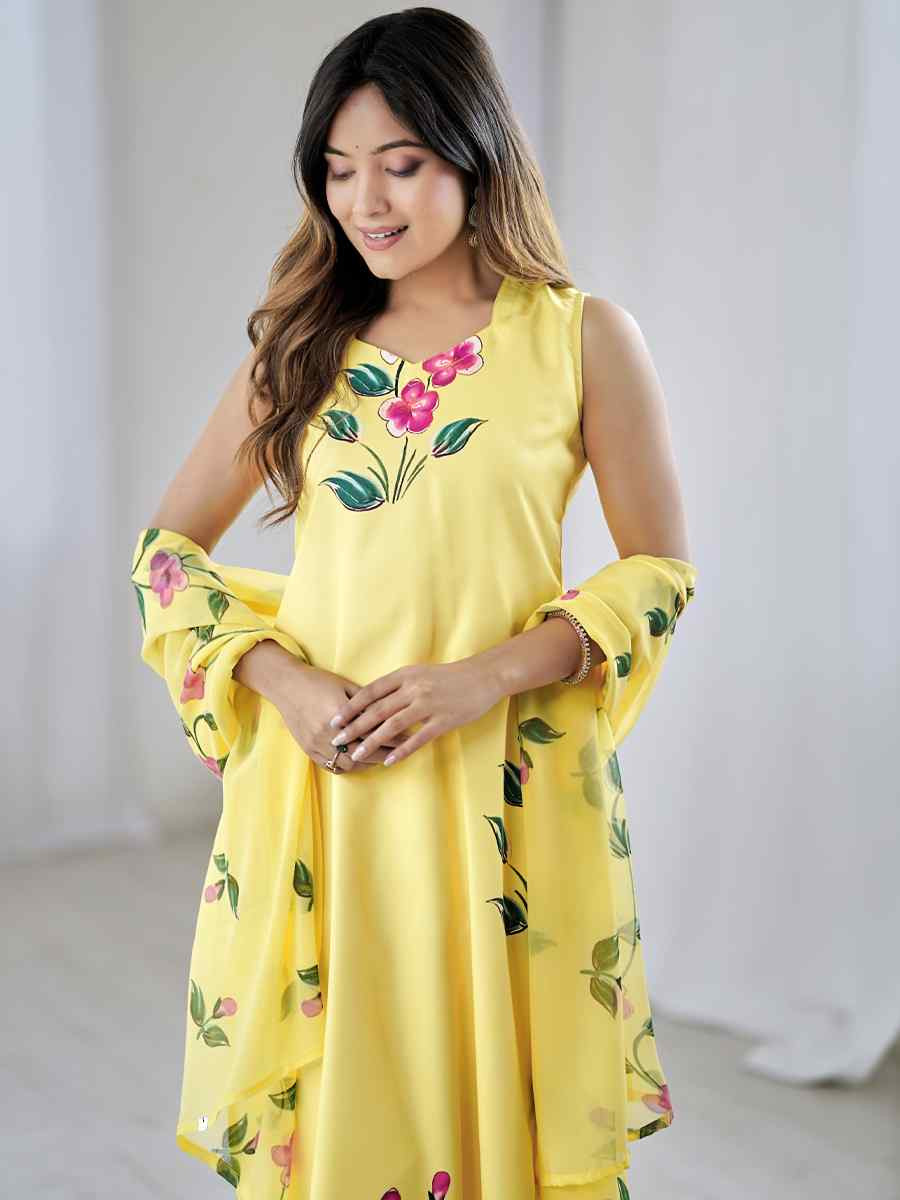 Yellow Viscose Embroidered Festival Casual Ready Pant Salwar Kameez