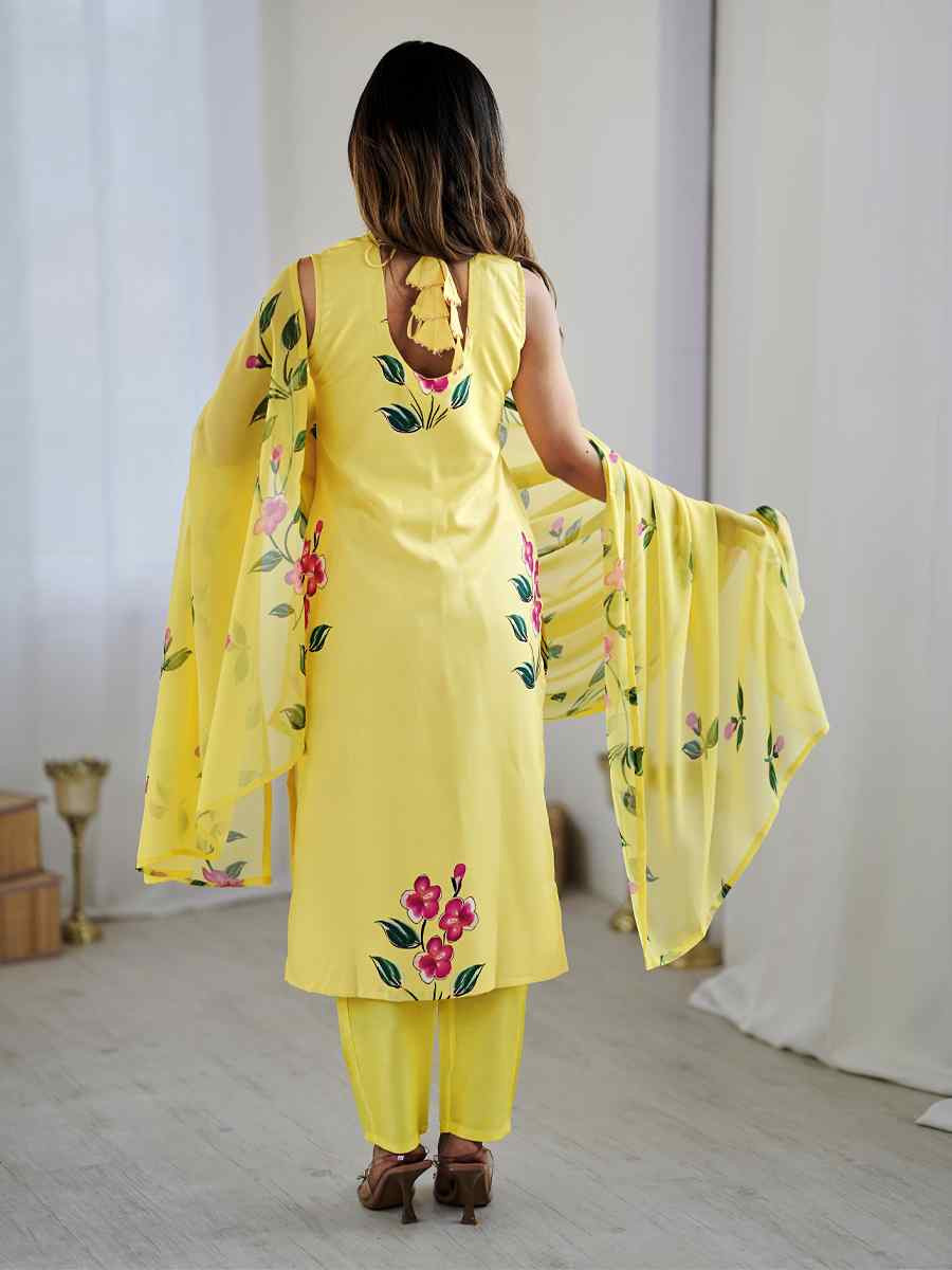Yellow Viscose Embroidered Festival Casual Ready Pant Salwar Kameez