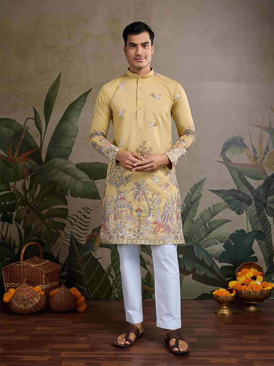 Yellow Viscose Embroidered Festival Mehendi Kurta