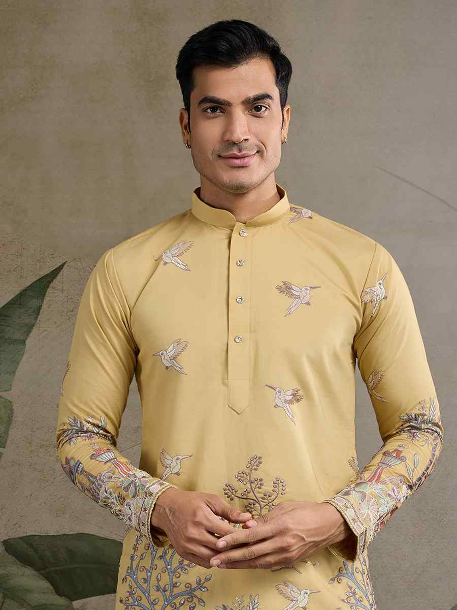 Yellow Viscose Embroidered Festival Mehendi Kurta