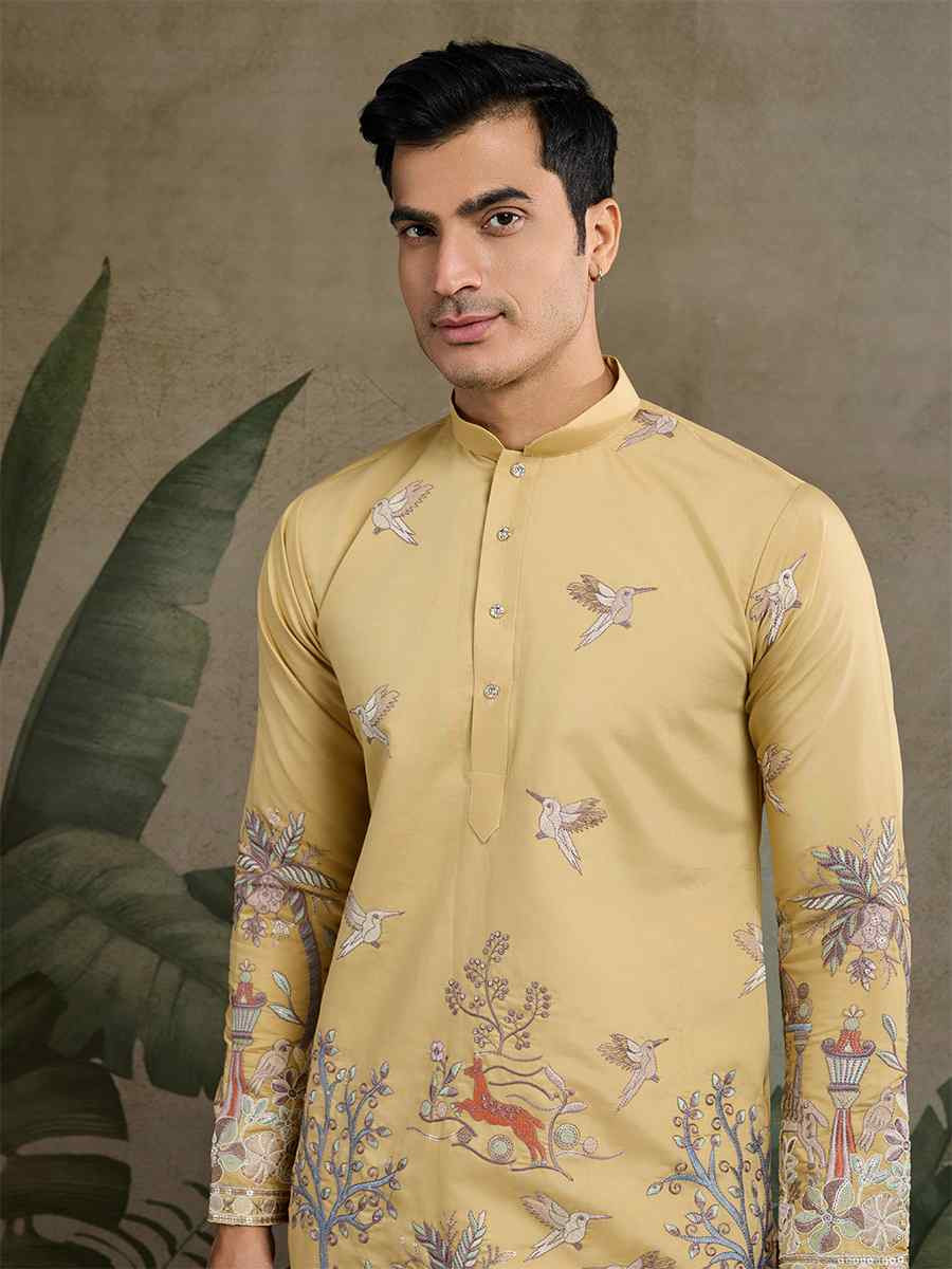 Yellow Viscose Embroidered Festival Mehendi Kurta