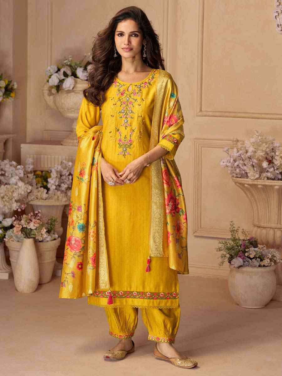 Yellow Viscose Embroidered Festival Mehendi Ready Afghani Pant Salwar Kameez