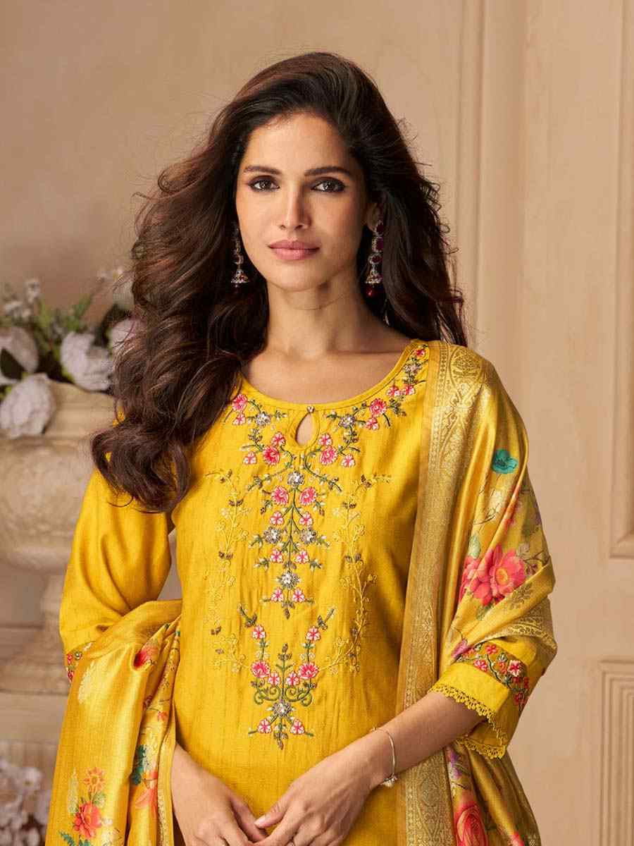 Yellow Viscose Embroidered Festival Mehendi Ready Afghani Pant Salwar Kameez