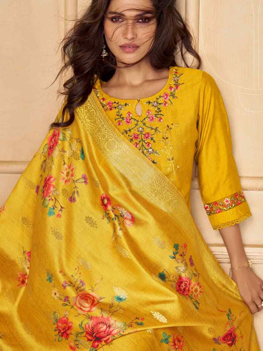 Yellow Viscose Embroidered Festival Mehendi Ready Afghani Pant Salwar Kameez