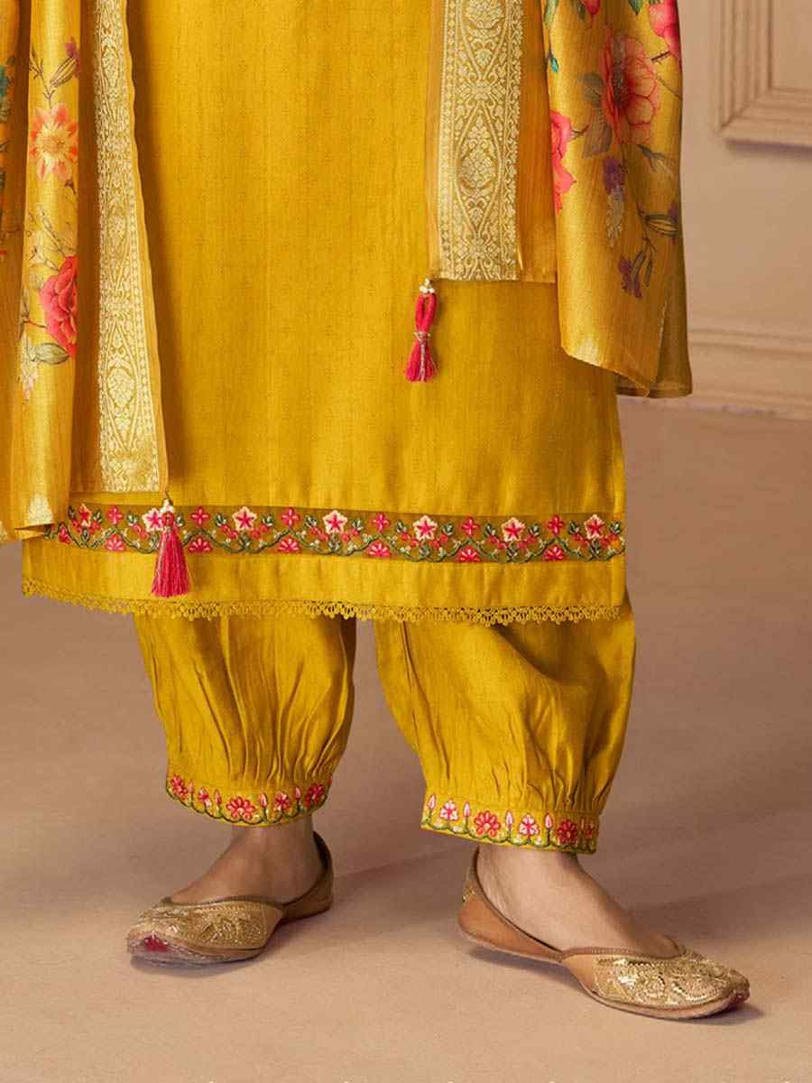 Yellow Viscose Embroidered Festival Mehendi Ready Afghani Pant Salwar Kameez