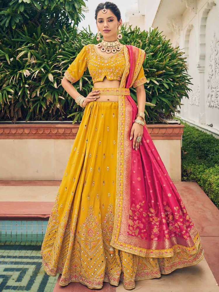 Yellow Viscose Embroidered Reception Party Wear Heavy Border Lehenga Choli