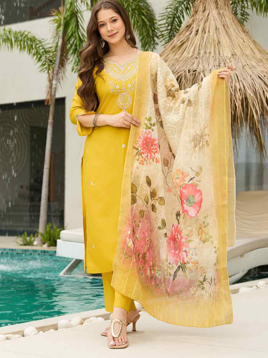 Yellow Viscose Embroidery Party Wedding Festival Casual Ready Pant Salwar Kameez