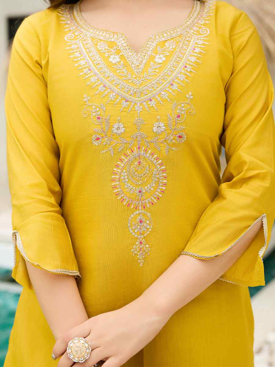 Yellow Viscose Embroidery Party Wedding Festival Casual Ready Pant Salwar Kameez