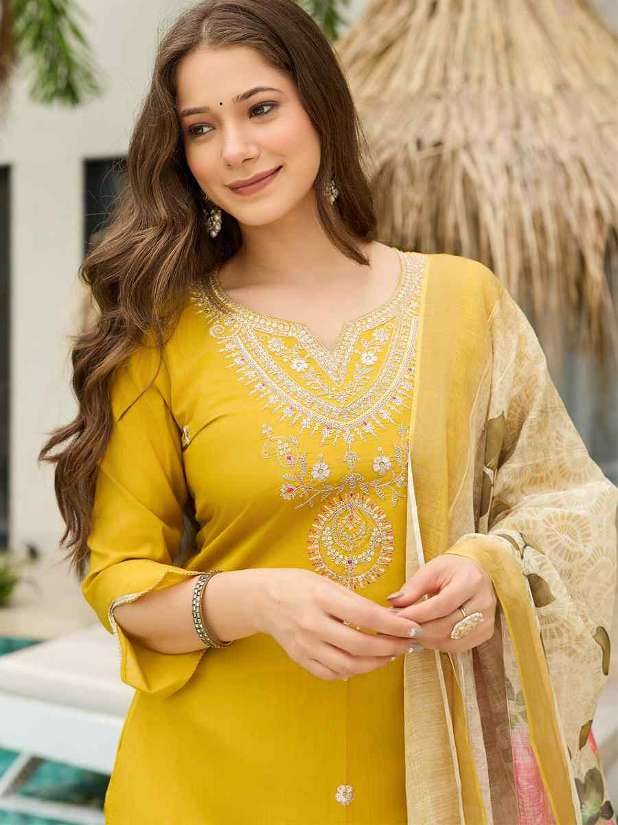 Yellow Viscose Embroidery Party Wedding Festival Casual Ready Pant Salwar Kameez