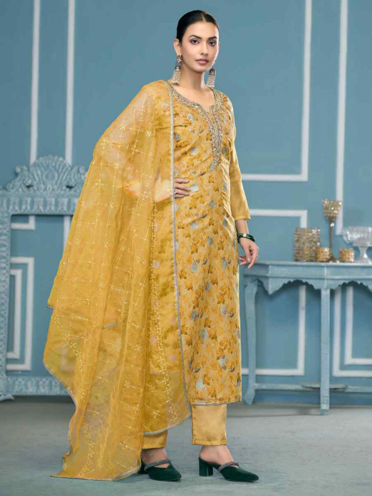 Yellow Viscose Organza Embroidered Wedding Festival Pant Salwar Kameez