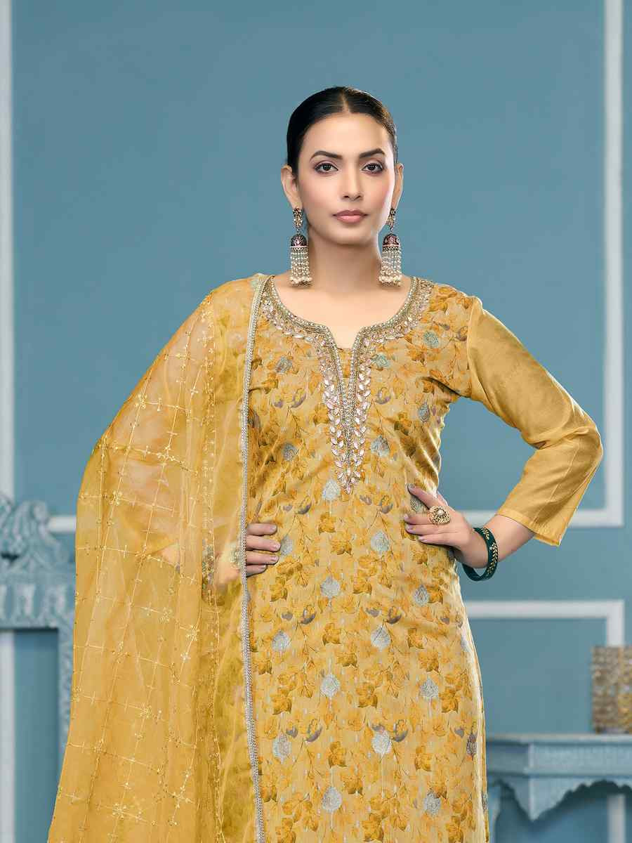 Yellow Viscose Organza Embroidered Wedding Festival Pant Salwar Kameez