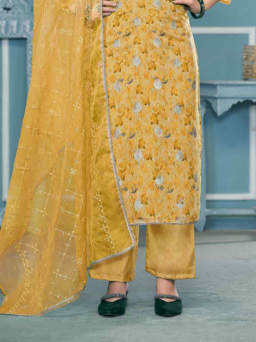 Yellow Viscose Organza Embroidered Wedding Festival Pant Salwar Kameez