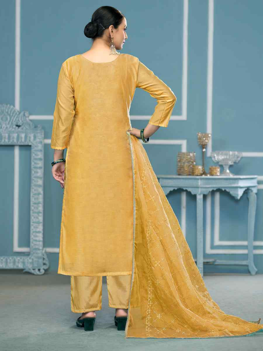 Yellow Viscose Organza Embroidered Wedding Festival Pant Salwar Kameez