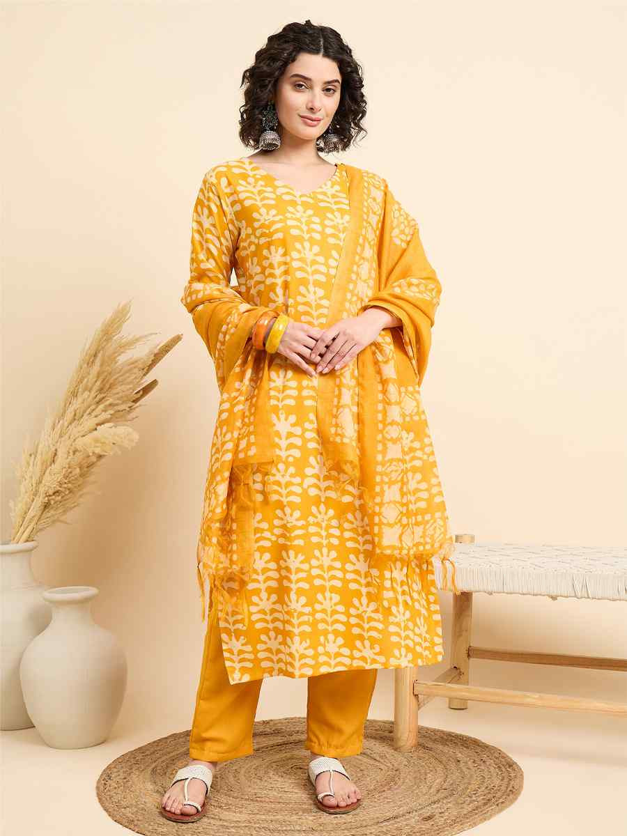 Yellow Viscose Printed Festival Casual Ready Pant Salwar Kameez