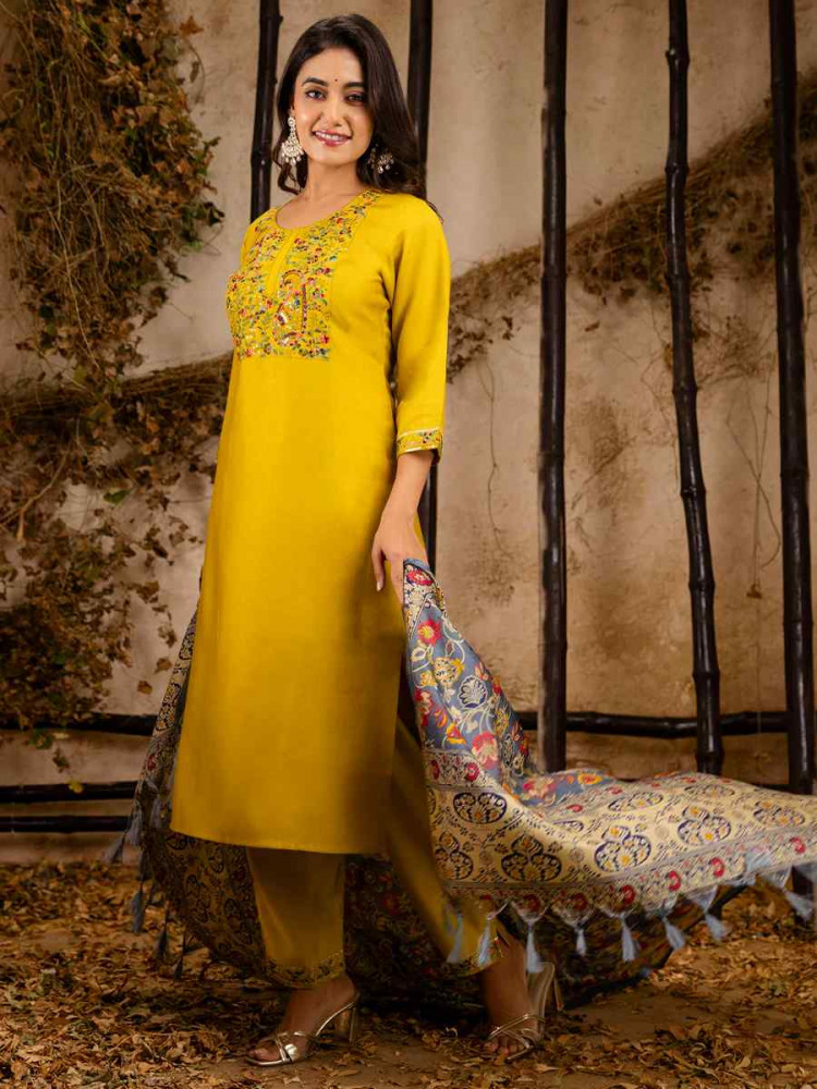 Yellow Viscose Rayon Embroidered Party Casual Ready Pant Salwar Kameez
