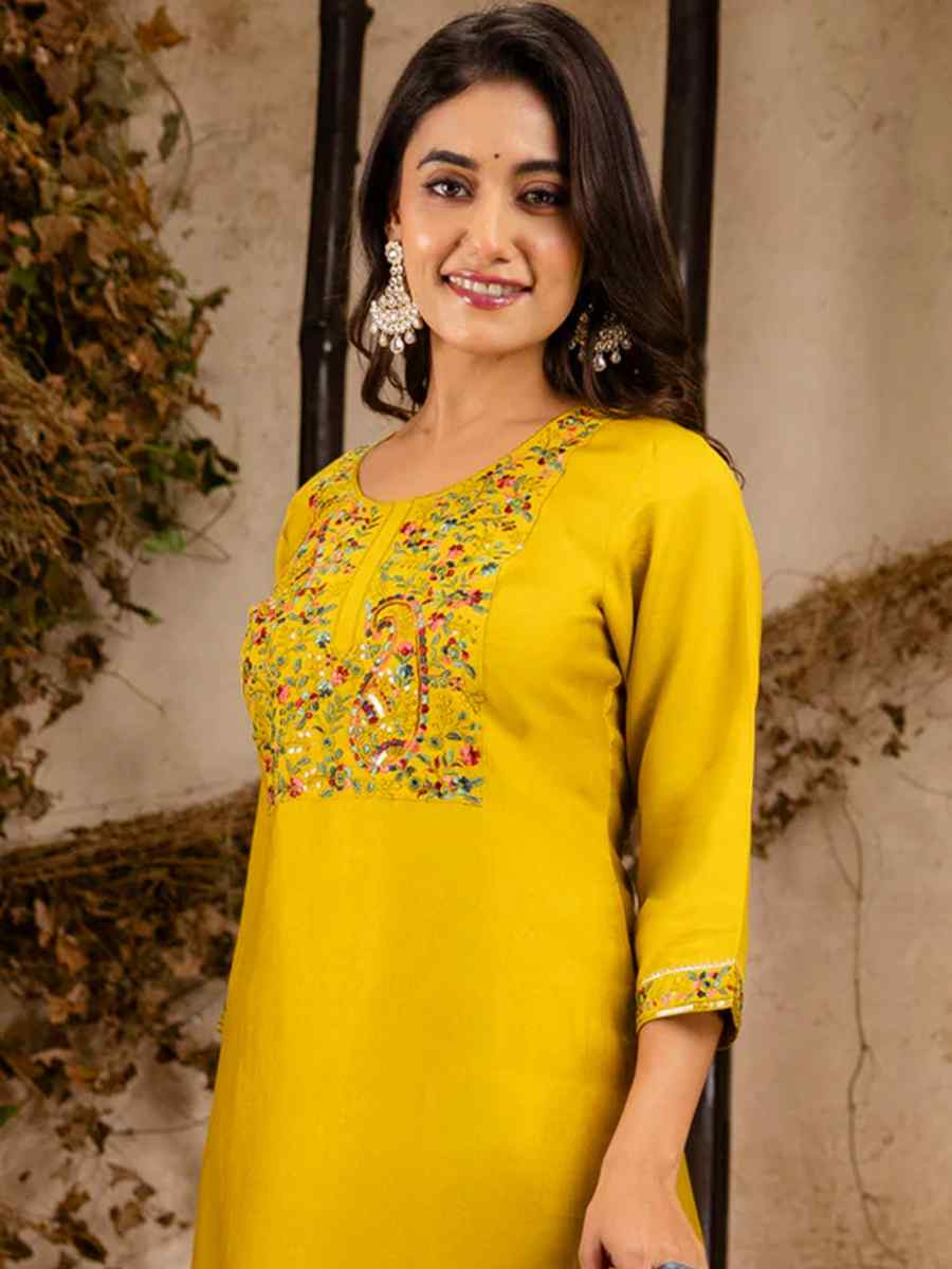 Yellow Viscose Rayon Embroidered Party Casual Ready Pant Salwar Kameez