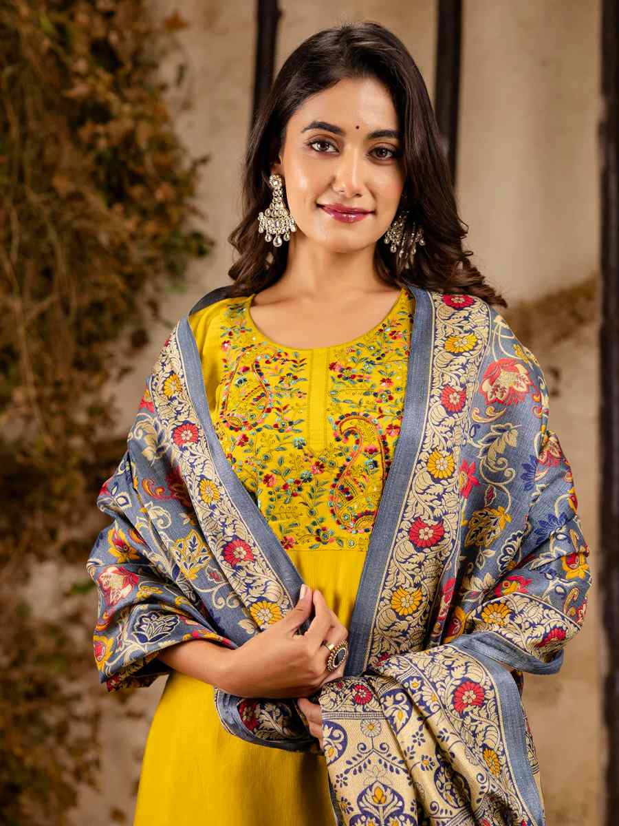 Yellow Viscose Rayon Embroidered Party Casual Ready Pant Salwar Kameez