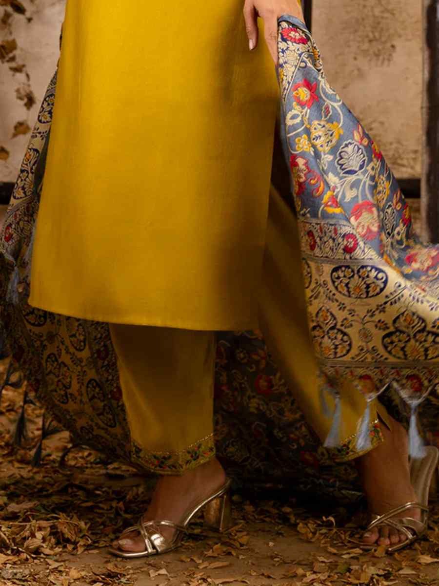Yellow Viscose Rayon Embroidered Party Casual Ready Pant Salwar Kameez