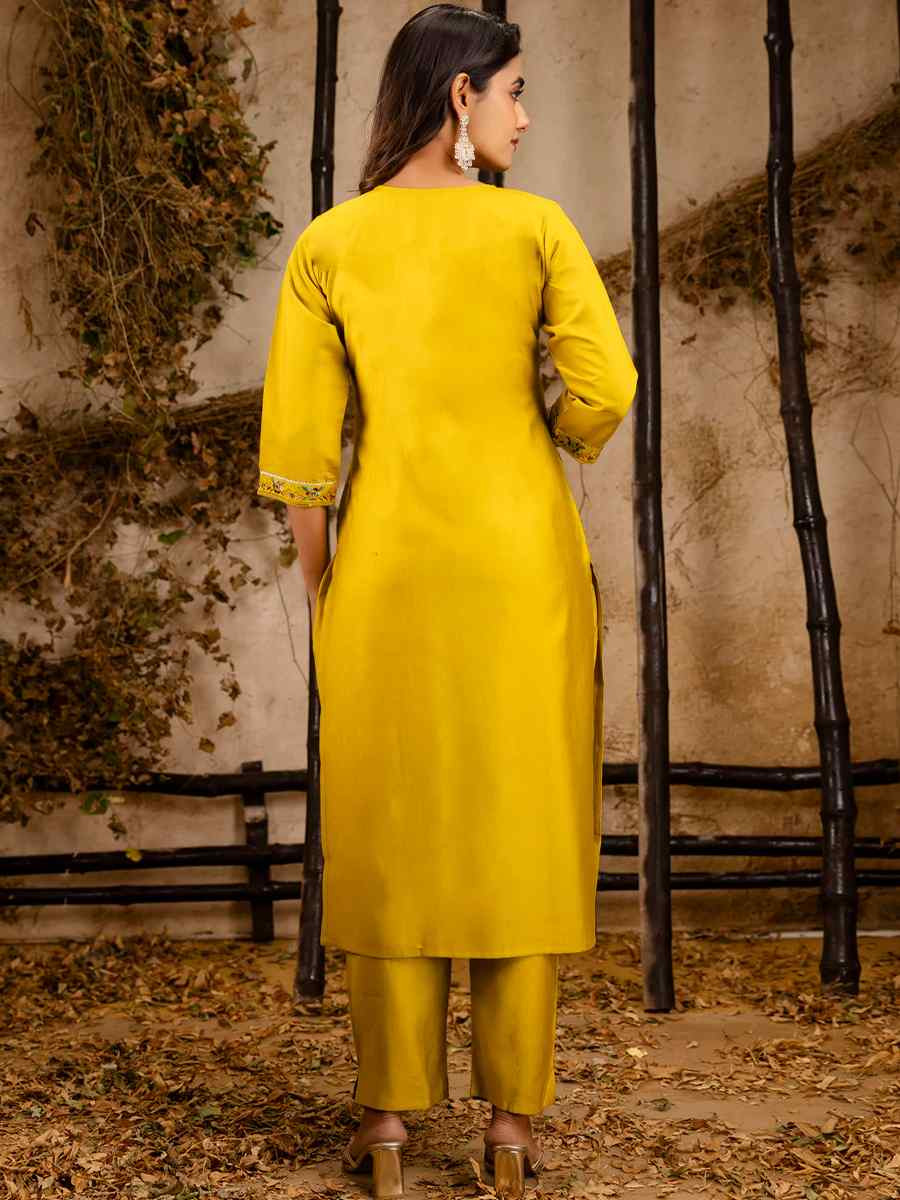 Yellow Viscose Rayon Embroidered Party Casual Ready Pant Salwar Kameez