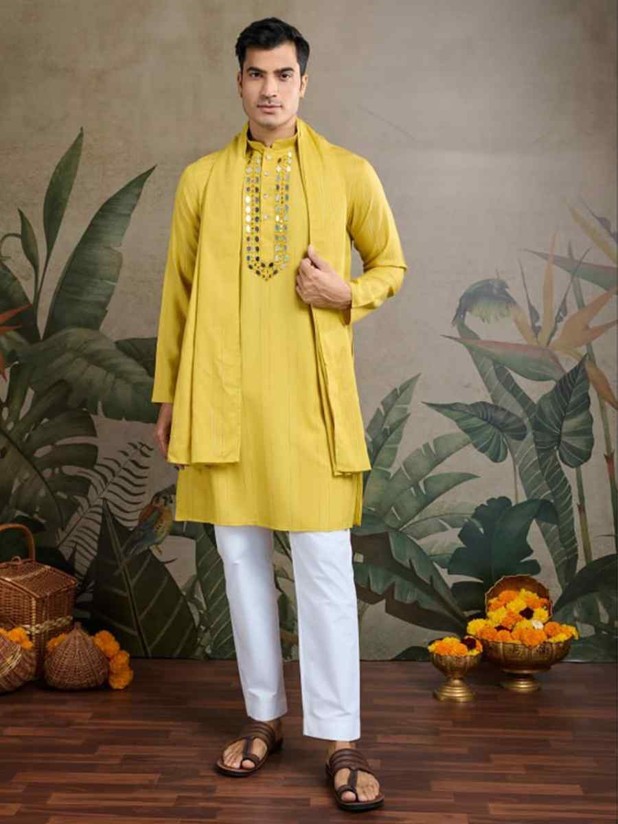 Yellow Viscose Rayon Embroidered Party Wedding Kurta With Dupatta