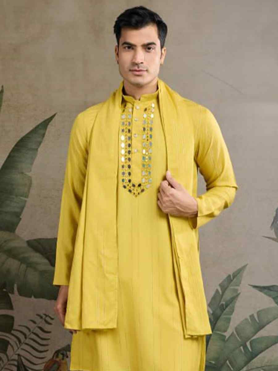Yellow Viscose Rayon Embroidered Party Wedding Kurta With Dupatta