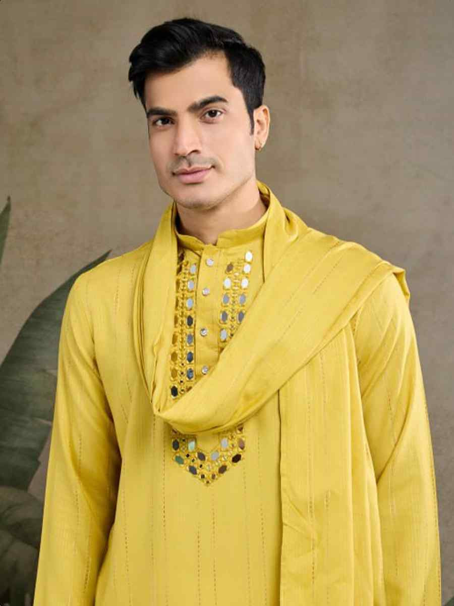 Yellow Viscose Rayon Embroidered Party Wedding Kurta With Dupatta