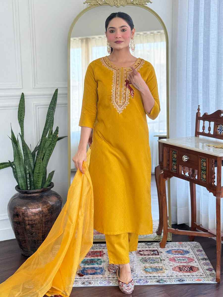 Yellow Viscose Rayon Embroidery Party Wedding Festival Casual Ready Pant Salwar Kameez