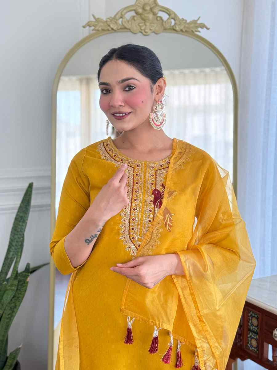 Yellow Viscose Rayon Embroidery Party Wedding Festival Casual Ready Pant Salwar Kameez