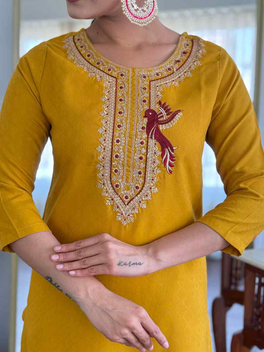 Yellow Viscose Rayon Embroidery Party Wedding Festival Casual Ready Pant Salwar Kameez