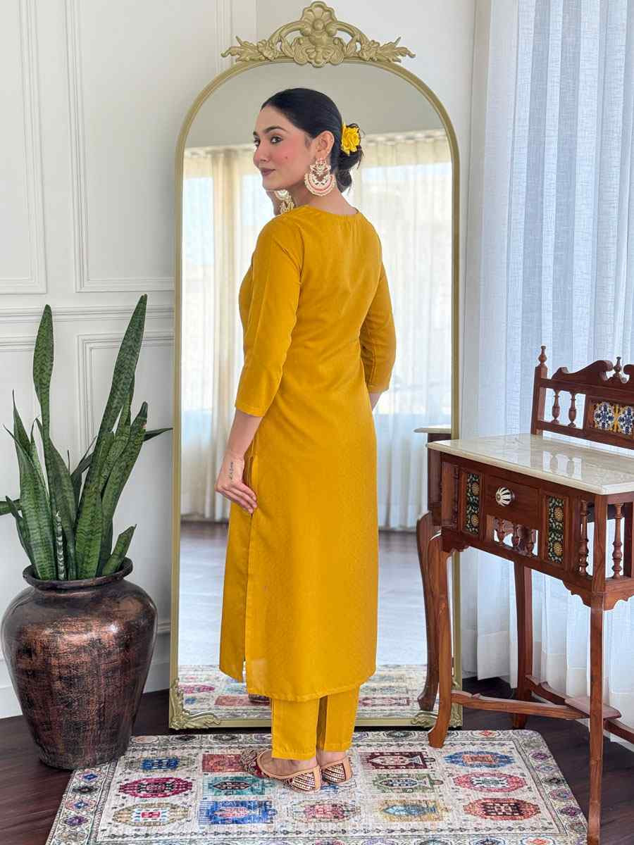 Yellow Viscose Rayon Embroidery Party Wedding Festival Casual Ready Pant Salwar Kameez