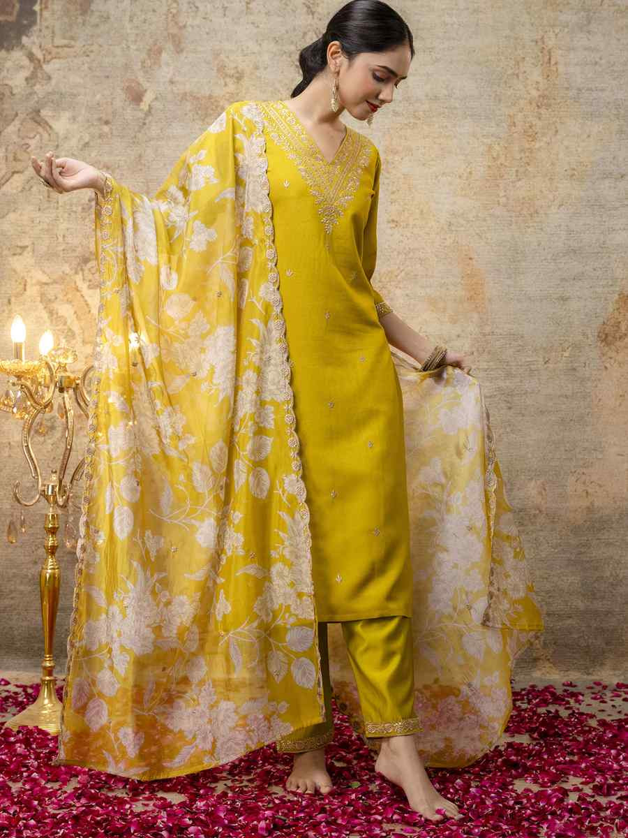 Yellow Viscose Rayon Embroidery Party Wedding Festival Casual Ready Pant Salwar Kameez