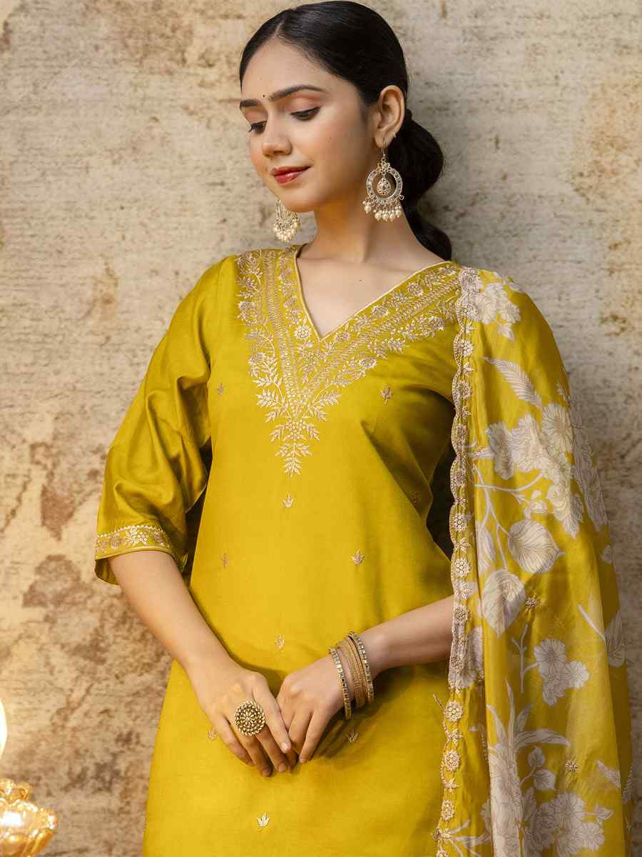 Yellow Viscose Rayon Embroidery Party Wedding Festival Casual Ready Pant Salwar Kameez