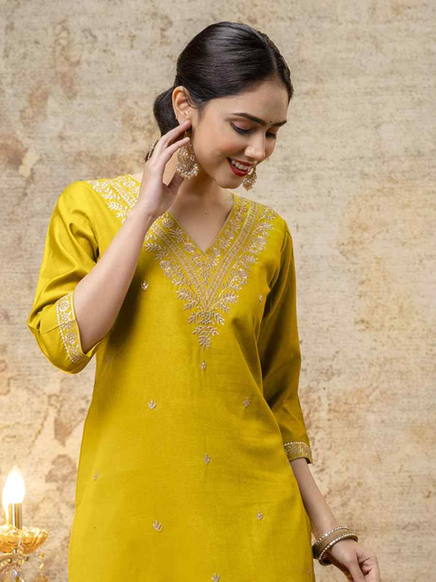 Yellow Viscose Rayon Embroidery Party Wedding Festival Casual Ready Pant Salwar Kameez