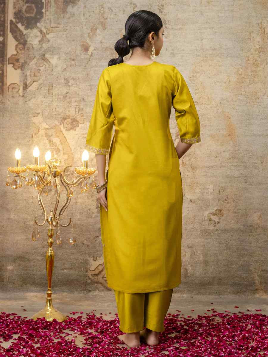 Yellow Viscose Rayon Embroidery Party Wedding Festival Casual Ready Pant Salwar Kameez