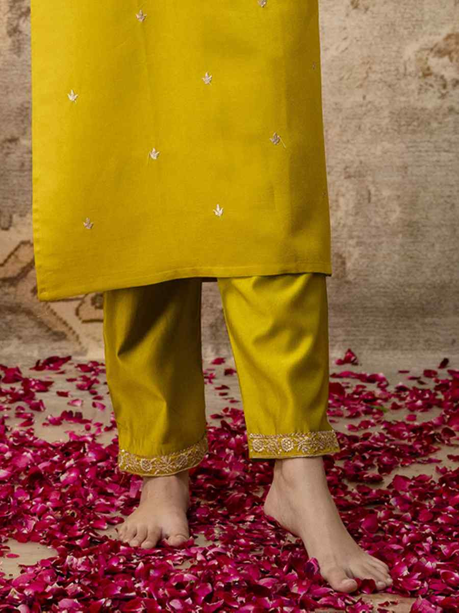Yellow Viscose Rayon Embroidery Party Wedding Festival Casual Ready Pant Salwar Kameez