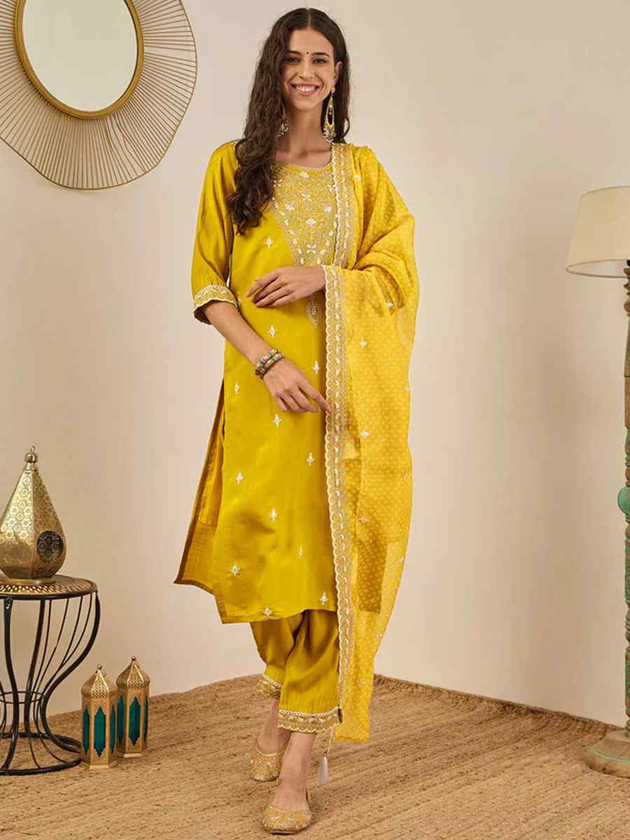 Yellow Viscose Rayon Plain with Embroidery Party Wedding Festival Casual Ready Pant Salwar Kameez