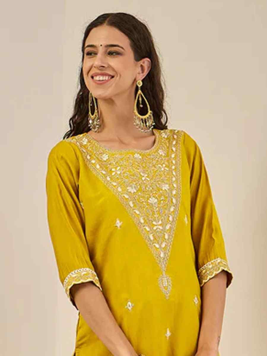 Yellow Viscose Rayon Plain with Embroidery Party Wedding Festival Casual Ready Pant Salwar Kameez