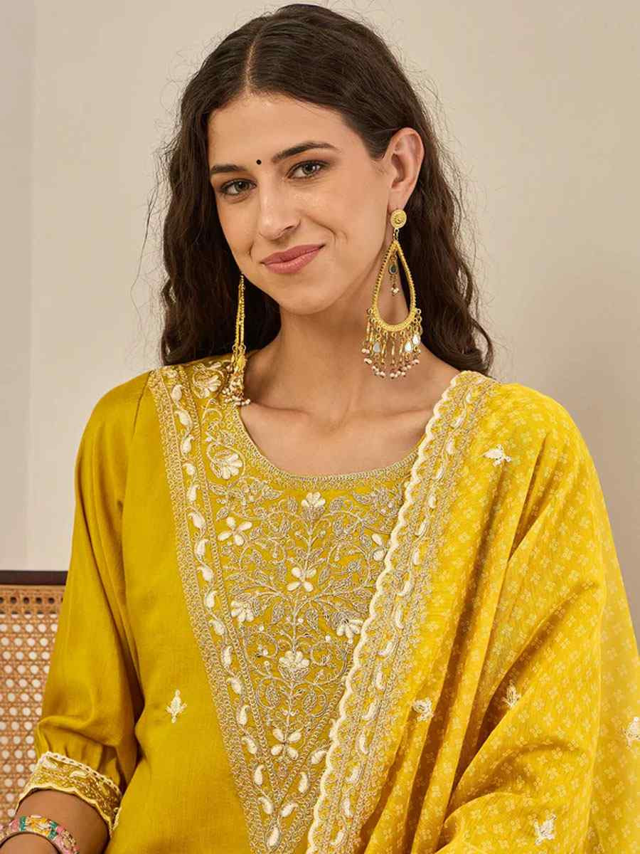 Yellow Viscose Rayon Plain with Embroidery Party Wedding Festival Casual Ready Pant Salwar Kameez