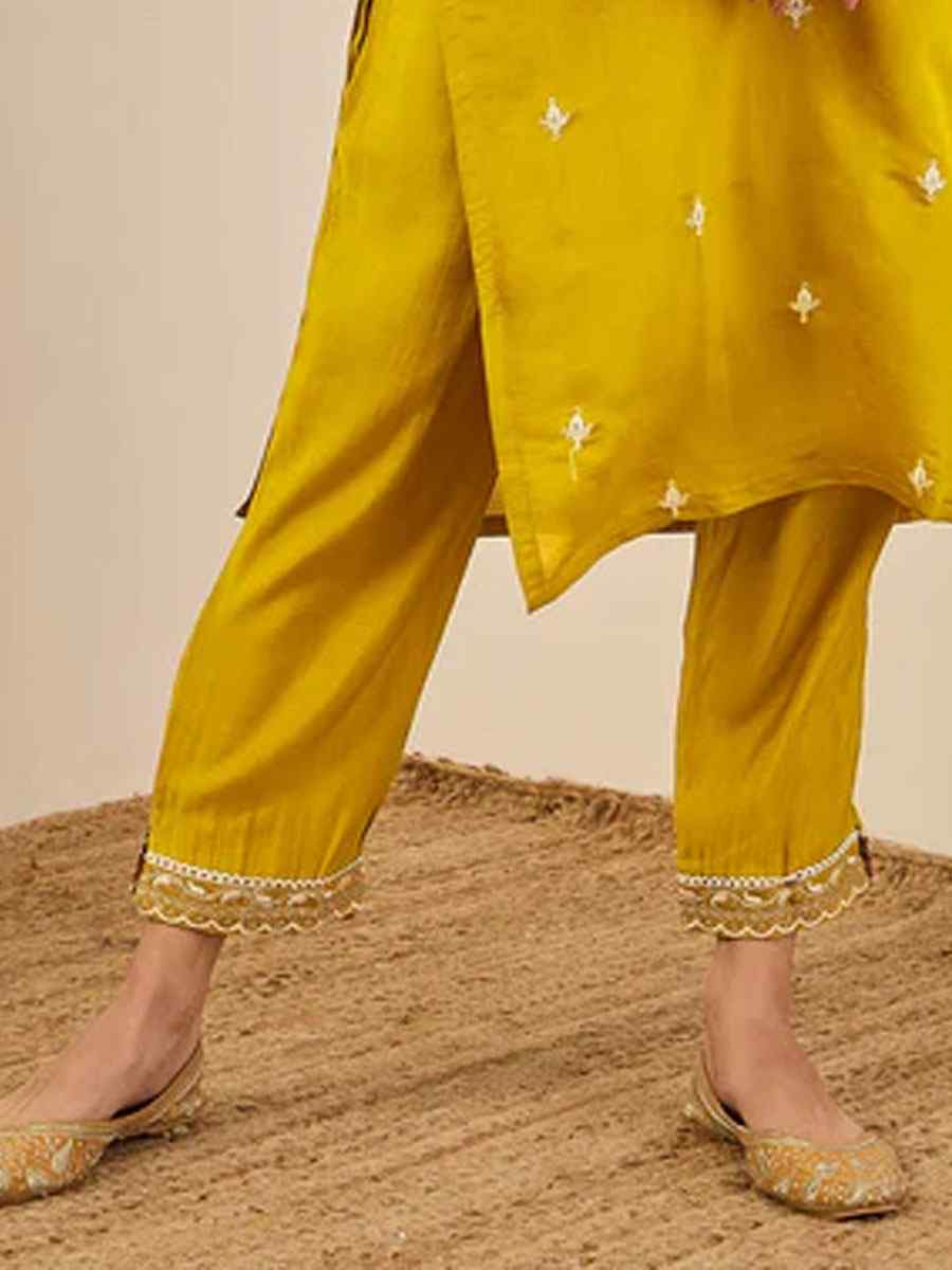 Yellow Viscose Rayon Plain with Embroidery Party Wedding Festival Casual Ready Pant Salwar Kameez