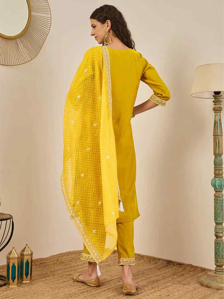 Yellow Viscose Rayon Plain with Embroidery Party Wedding Festival Casual Ready Pant Salwar Kameez