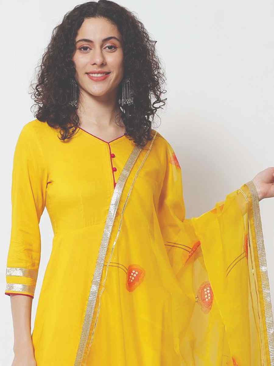 Yellow Viscose Rayon Printed Festival Casual Ready Pant Salwar Kameez