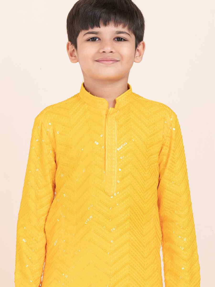 Yellow Viscose RayonEmbroidered Festival Traditional Kurta Pyjama Boys Wear