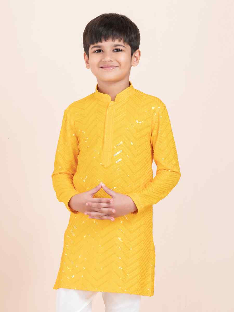 Yellow Viscose RayonEmbroidered Festival Traditional Kurta Pyjama Boys Wear