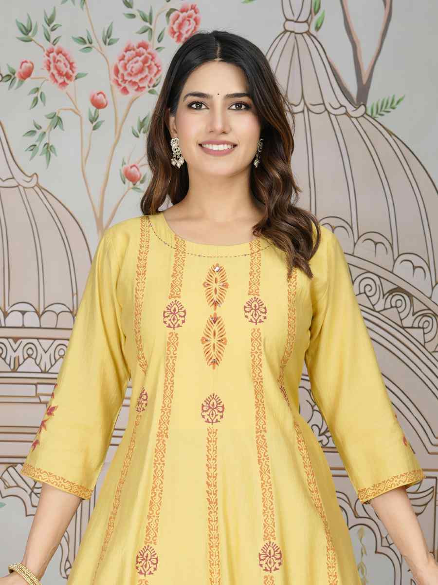 Yellow Viscose Roman Silk Printed Festival Casual Kurti