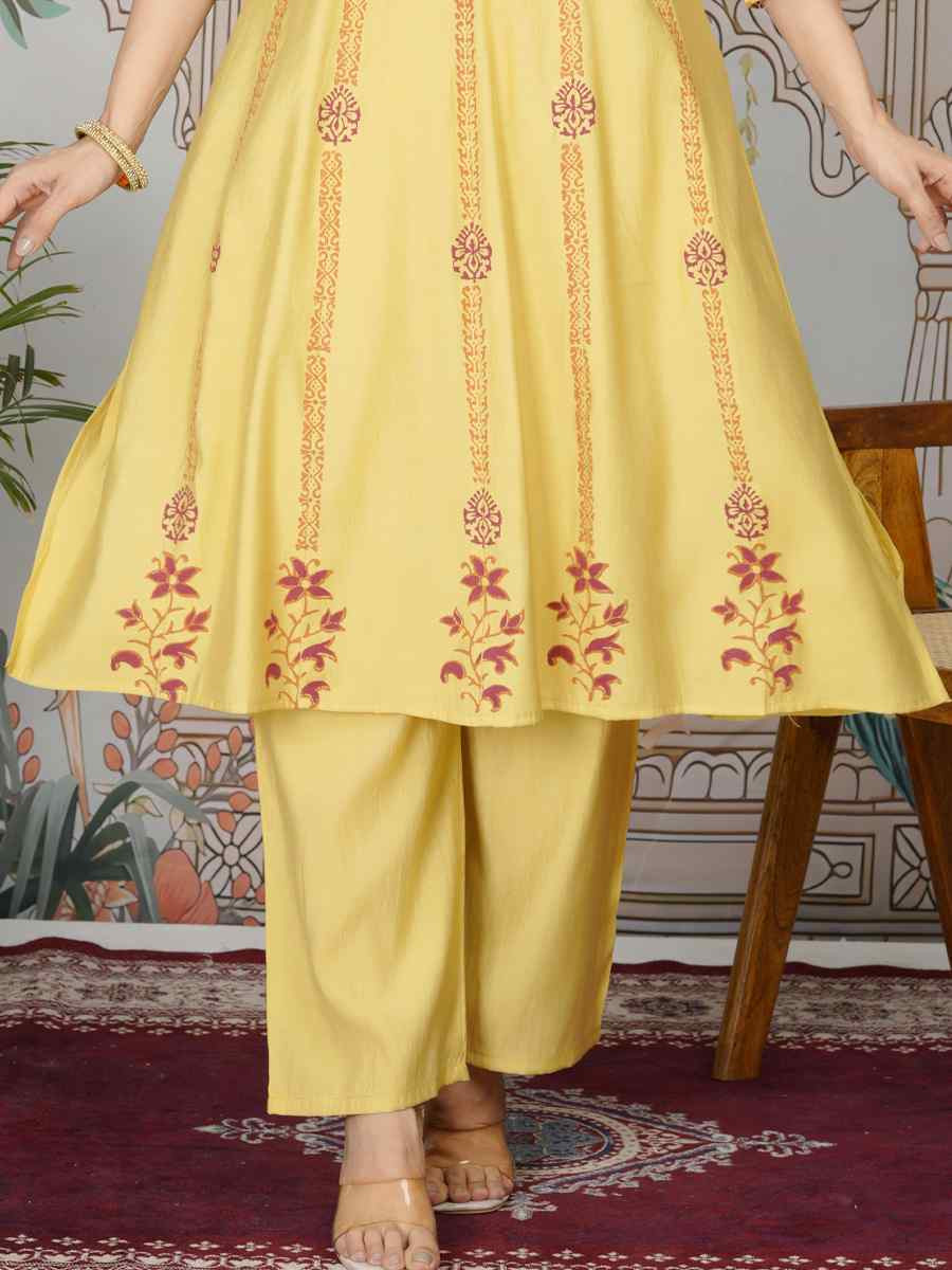 Yellow Viscose Roman Silk Printed Festival Casual Kurti