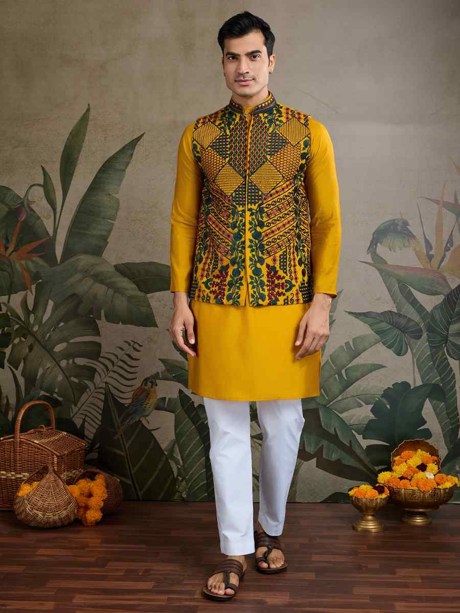 Yellow Viscose Silk Embroidered Festival Party Kurta with Waistcoat