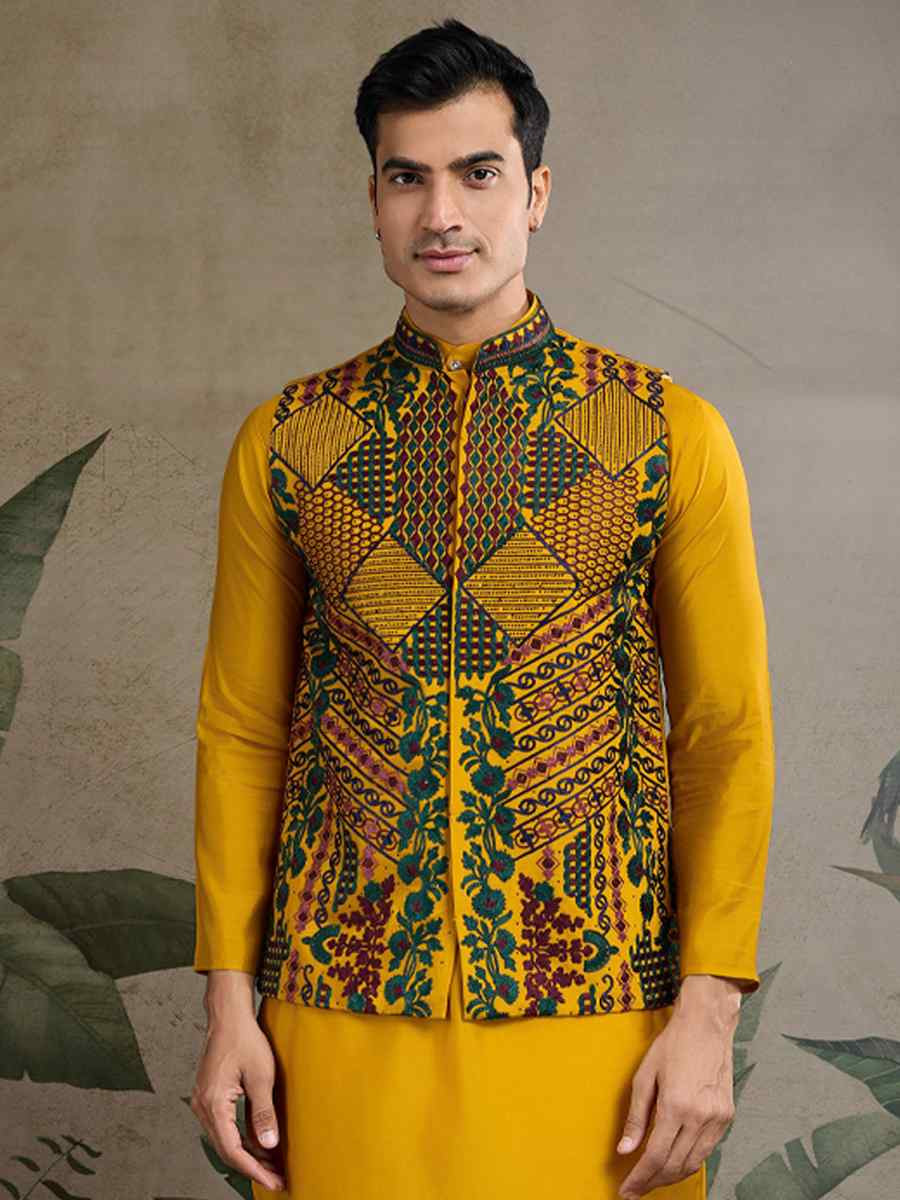 Yellow Viscose Silk Embroidered Festival Party Kurta with Waistcoat