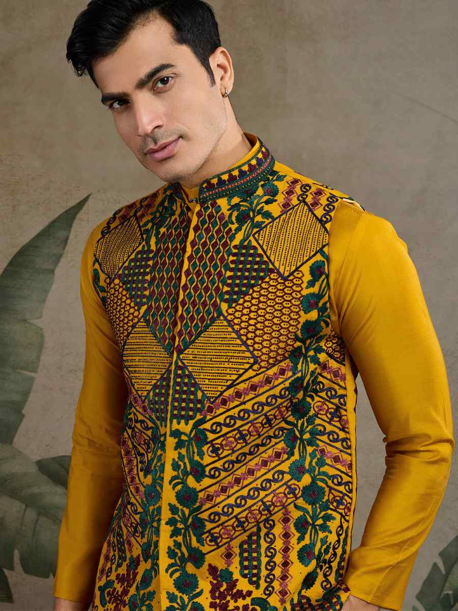 Yellow Viscose Silk Embroidered Festival Party Kurta with Waistcoat