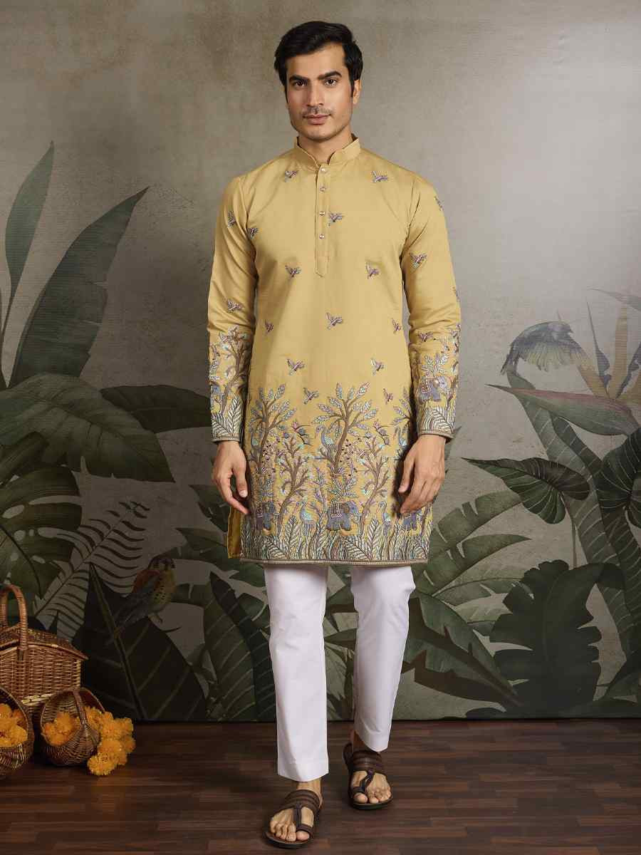Yellow Viscose Silk Embroidery And Printed Festival Wedding Party Mens Kurta